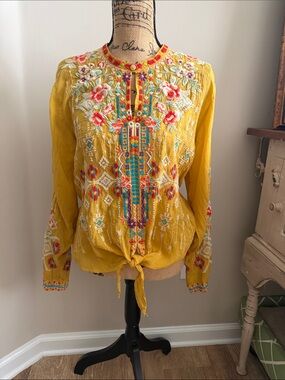 Johnny Was Mustard Embroidered Tie-Hem Tunic